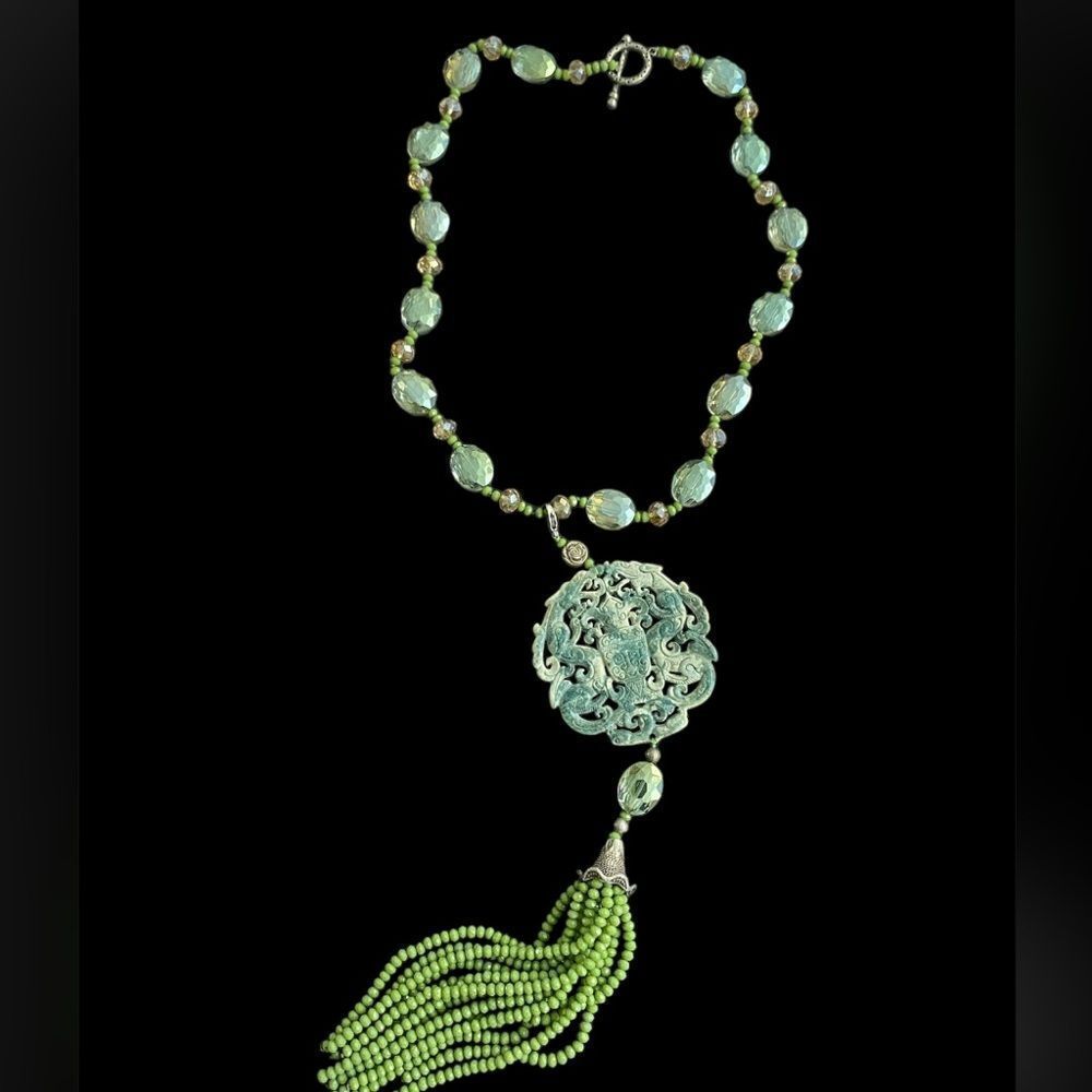 24” Jade, quartz, crystal pendant tassel necklace. Pendant&tassel removable